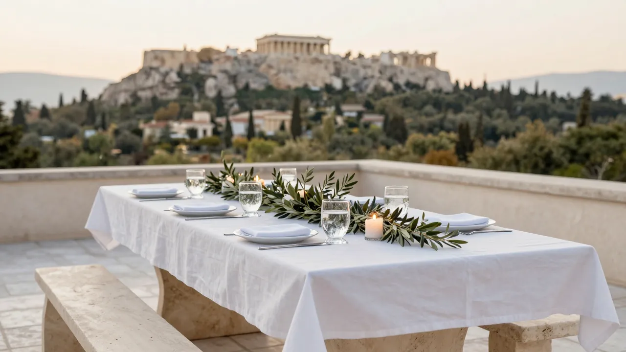 Τραπέζι σε ηλιόλουστη βεράντα στην Αθήνα, στρωμένο για βάπτιση, με κλαδιά ελιάς και κεριά.