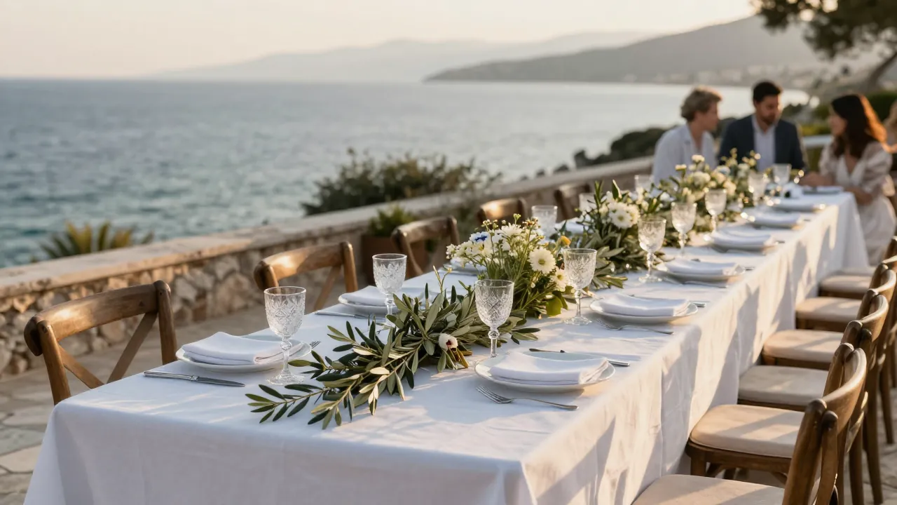 Long table set for a baptism reception on a stone terrace above the sea, with olive branches and white linen.
