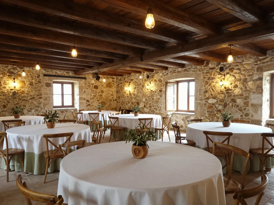 Rustic event hall with wooden beams and round tables set for a baptism, olive-wood centerpieces, no people.
