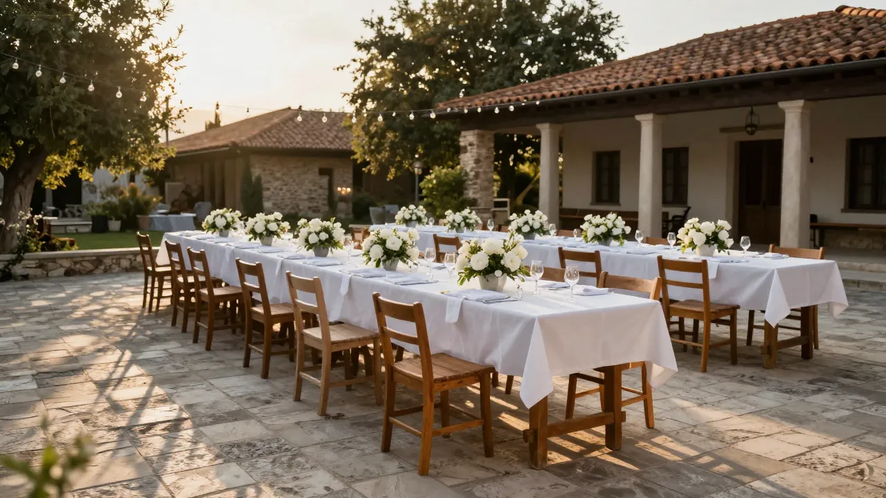 Stone-paved courtyard set for a baptism party with long tables, white flowers, and string lights in warm afternoon light.