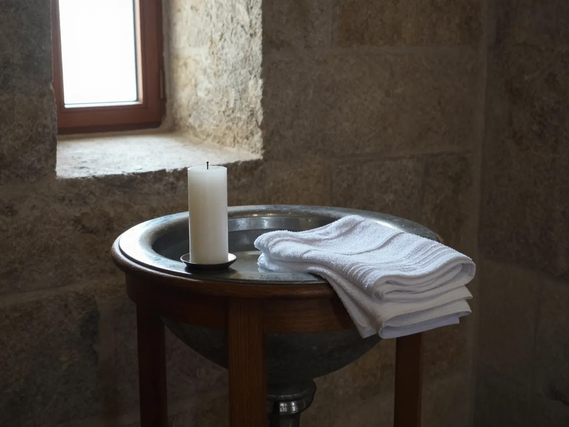 Close-up of a baptismal font in a stone chapel with a white candle and towel, lit by soft window light.