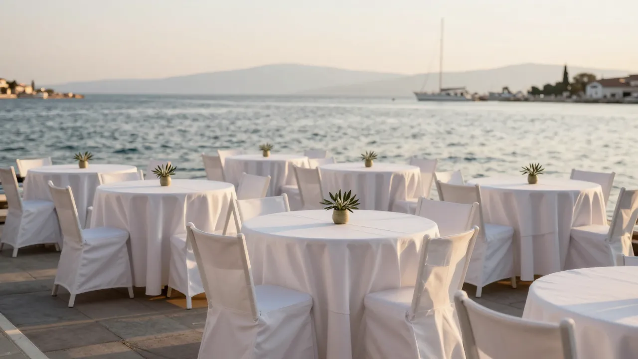 Seaside event terrace set with white chairs and tables at golden hour in Piraeus.