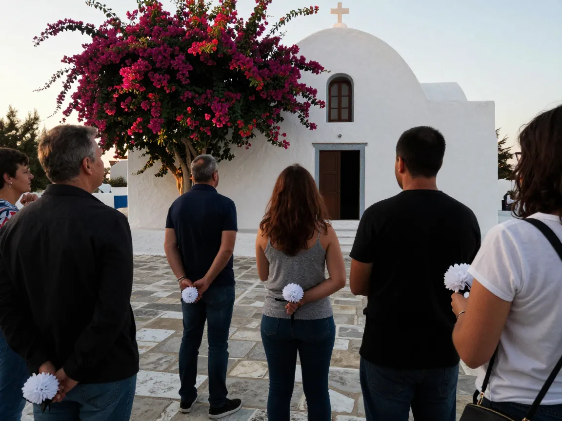 Guests seen from behind outside a whitewashed Greek church courtyard holding white favors.