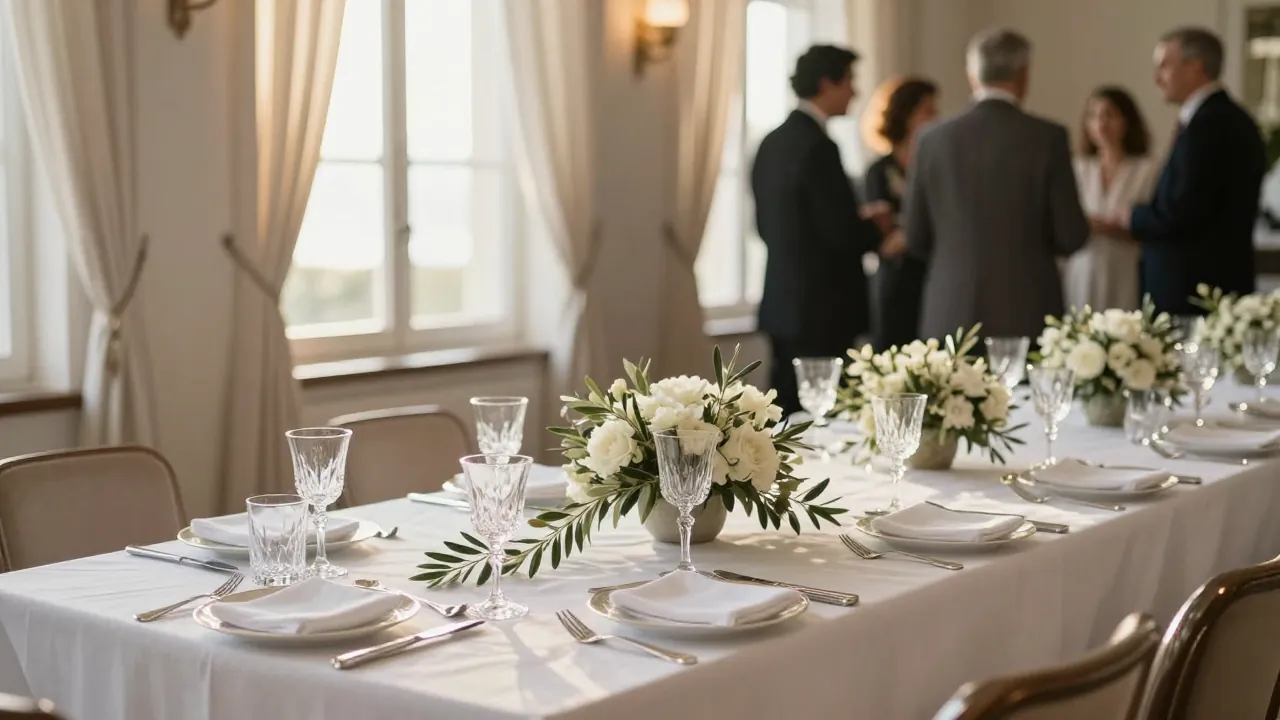 Elegant christening table with white linen and flowers in a bright Thessaloniki hall, blurred guests in background.