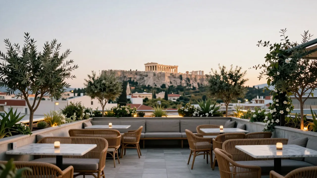 Rooftop bar terrace in Athens at golden hour with empty seats and the Acropolis softly out of focus.