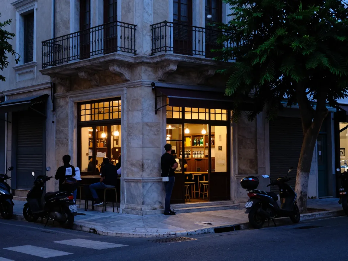 Γωνιακό μπαρ σε νεοκλασικό δρόμο της Αθήνας το σούρουπο, ζεστά φώτα και σιλουέτες έξω.