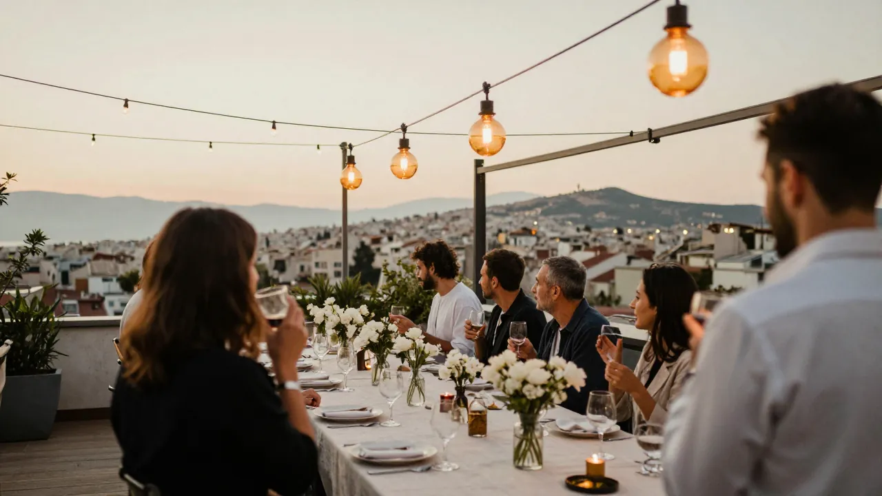 Rooftop birthday table at dusk in Thessaloniki with guests seen from behind and city views.
