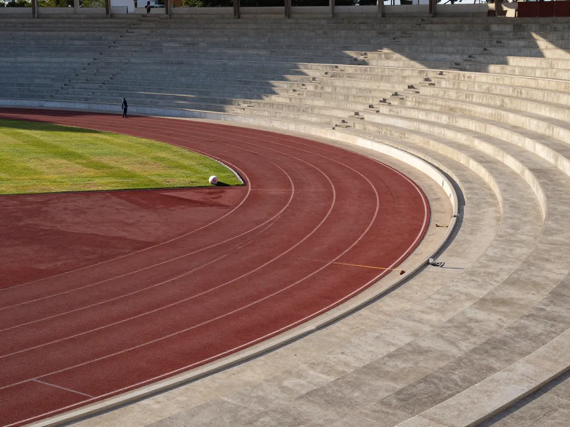 Empty athletics stadium with red track and concrete stands in late afternoon light, one distant figure walking.