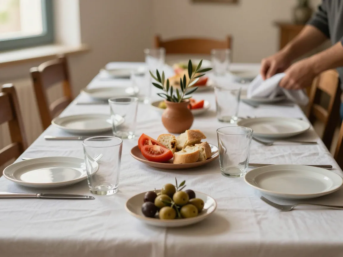 Close-up of a banquet table with white linen, olives, bread and an olive branch in warm window light.