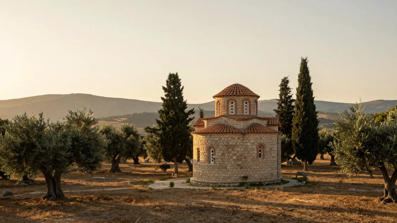 Stone chapel with terracotta roof among olive trees and cypresses in Attica at golden hour.