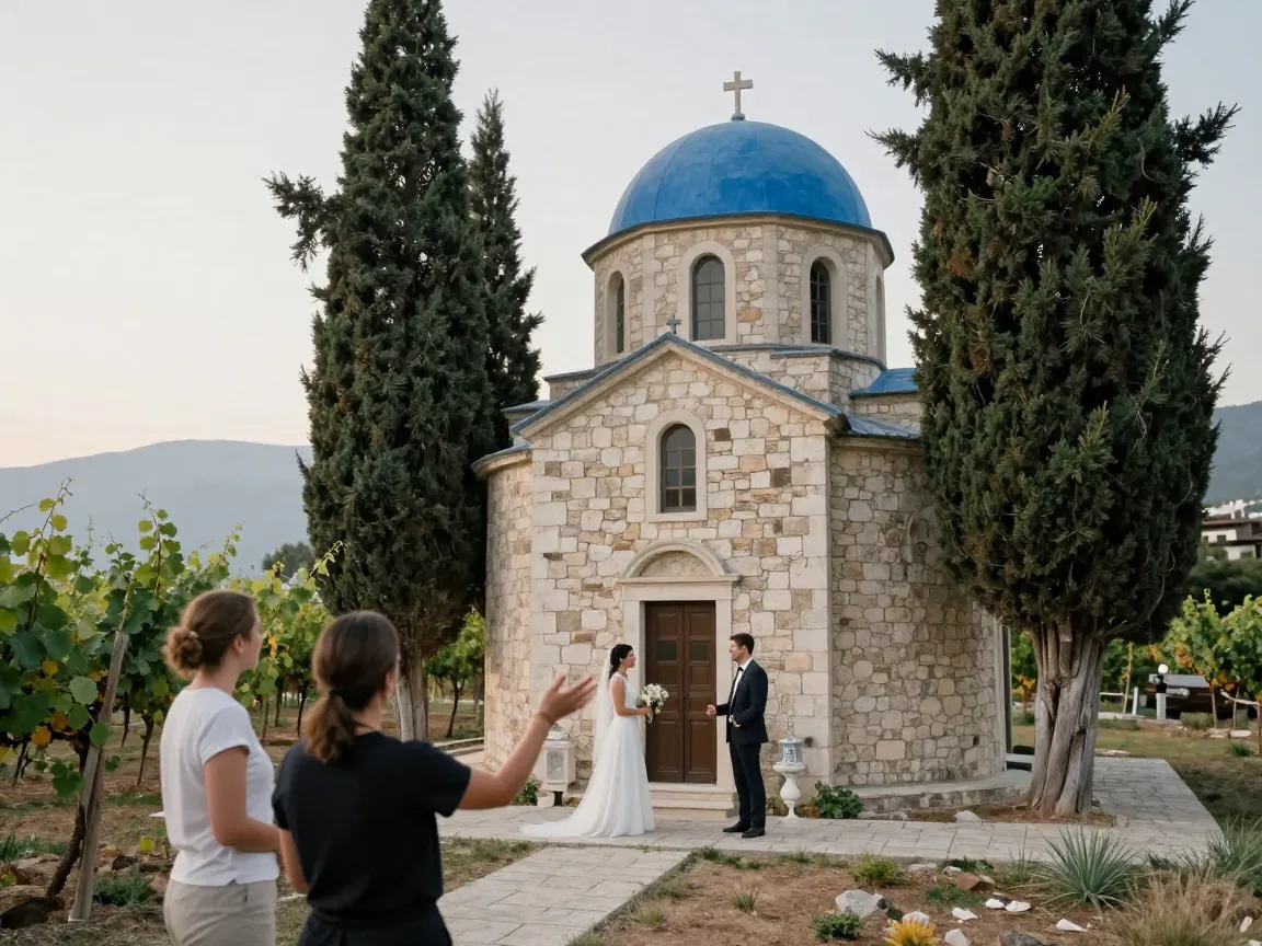 Υπεύθυνη εκδηλώσεων από πίσω δείχνει προς πέτρινο εκκλησάκι με γαλάζιο τρούλο ανάμεσα σε κυπαρίσσια και αμπέλια σε ελληνικό κτήμα.