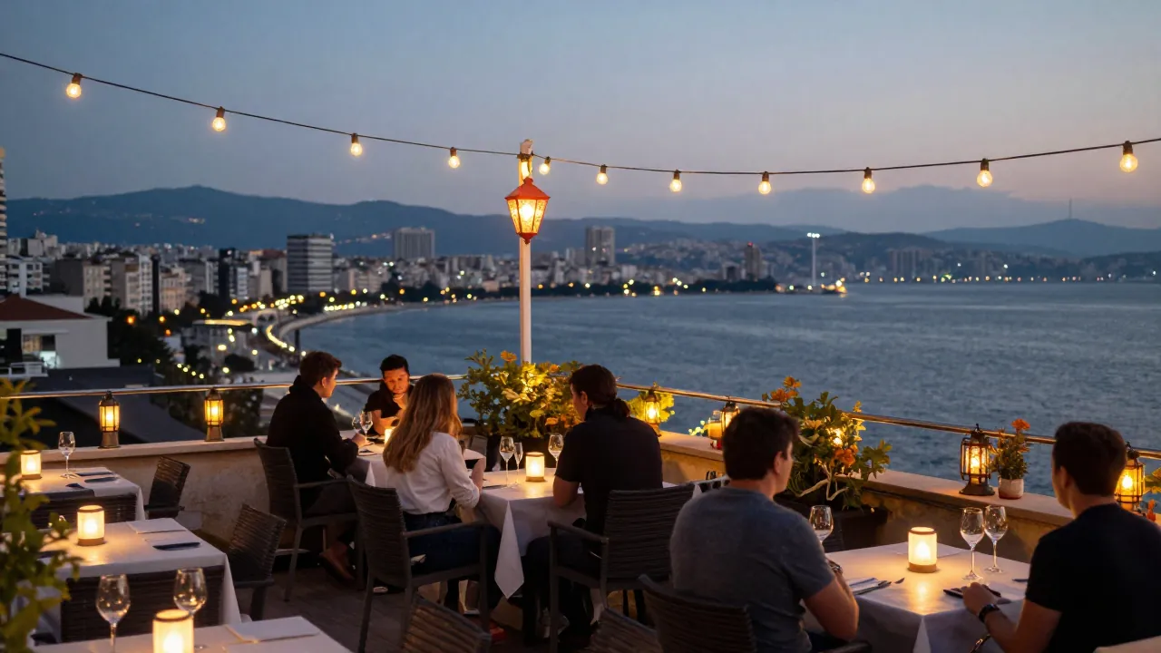 Rooftop terrace in Thessaloniki at dusk with festive lights, tables set for a party, overlooking the sea.