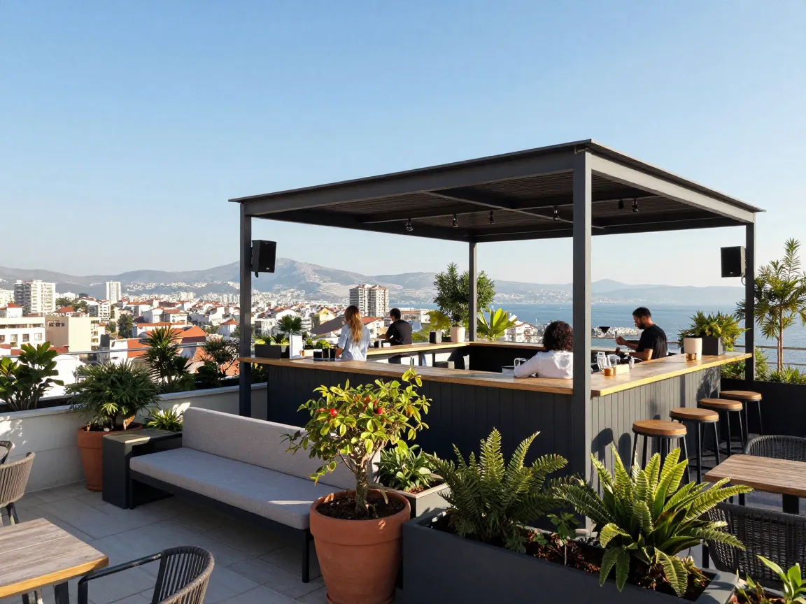 Rooftop garden bar in Thessaloniki with city views, lounge seating, and people enjoying the scenery.
