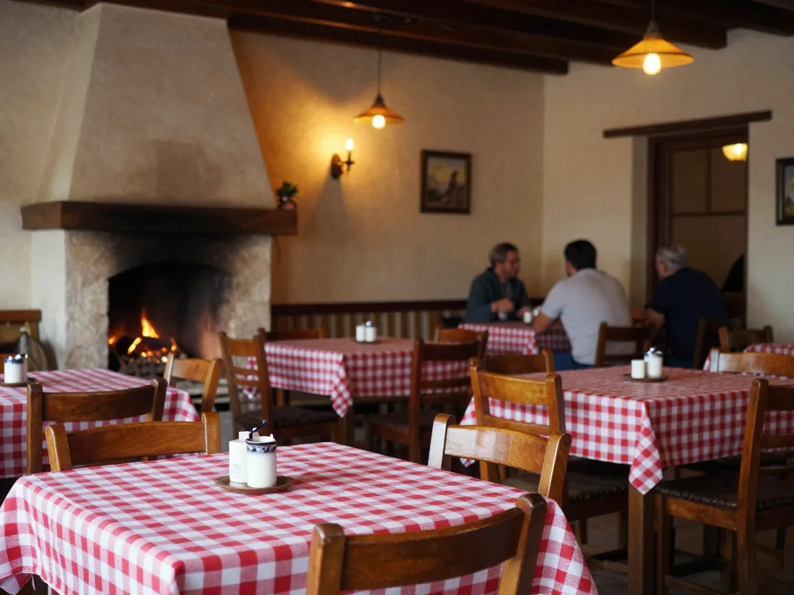 Cozy taverna interior in Thessaloniki with wooden tables, checkered cloths, and warm lighting from candles and lamps.