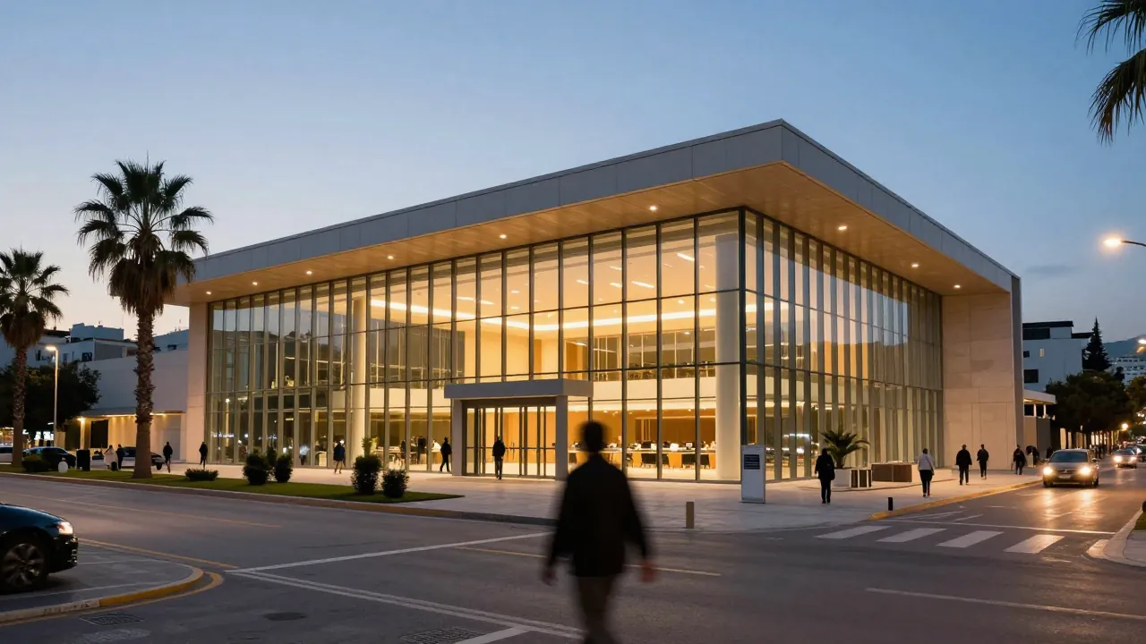 Modern conference venue in Athens at dusk with glass facade and warm lights, city street with palm trees.