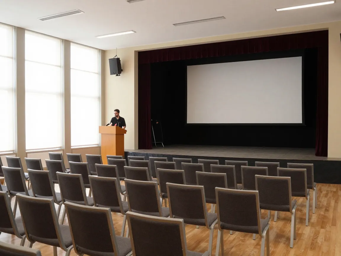 Bright conference hall in Athens with empty chairs, stage, podium, and technician adjusting microphone from behind.