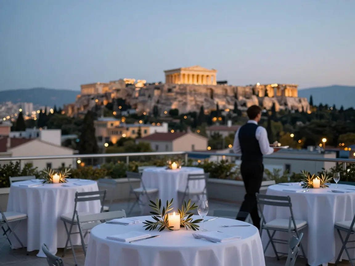 Athens rooftop terrace at twilight set for evening reception with tables, candles, olive branches, and distant Acropolis view.