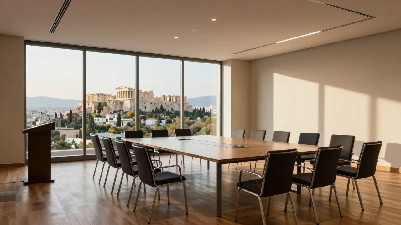Empty conference room with chairs and a podium, large windows showing the Acropolis in Athens.
