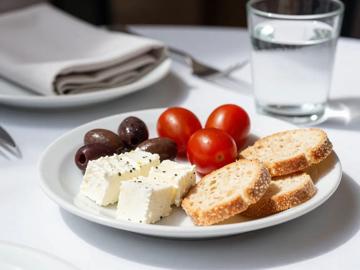 Greek appetizers like olives and feta on a white plate, with water glass and napkin.