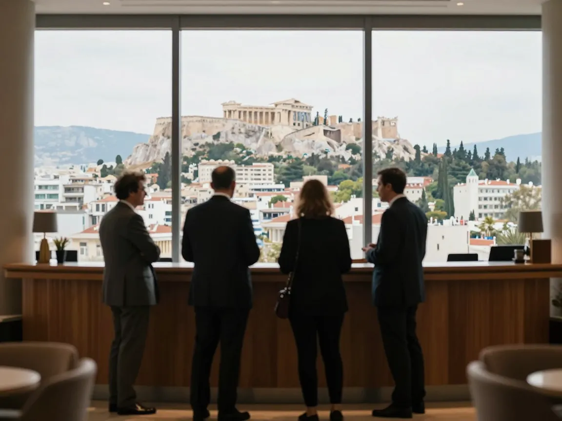 People from behind talking in a hotel lobby, with Athens cityscape visible through windows.
