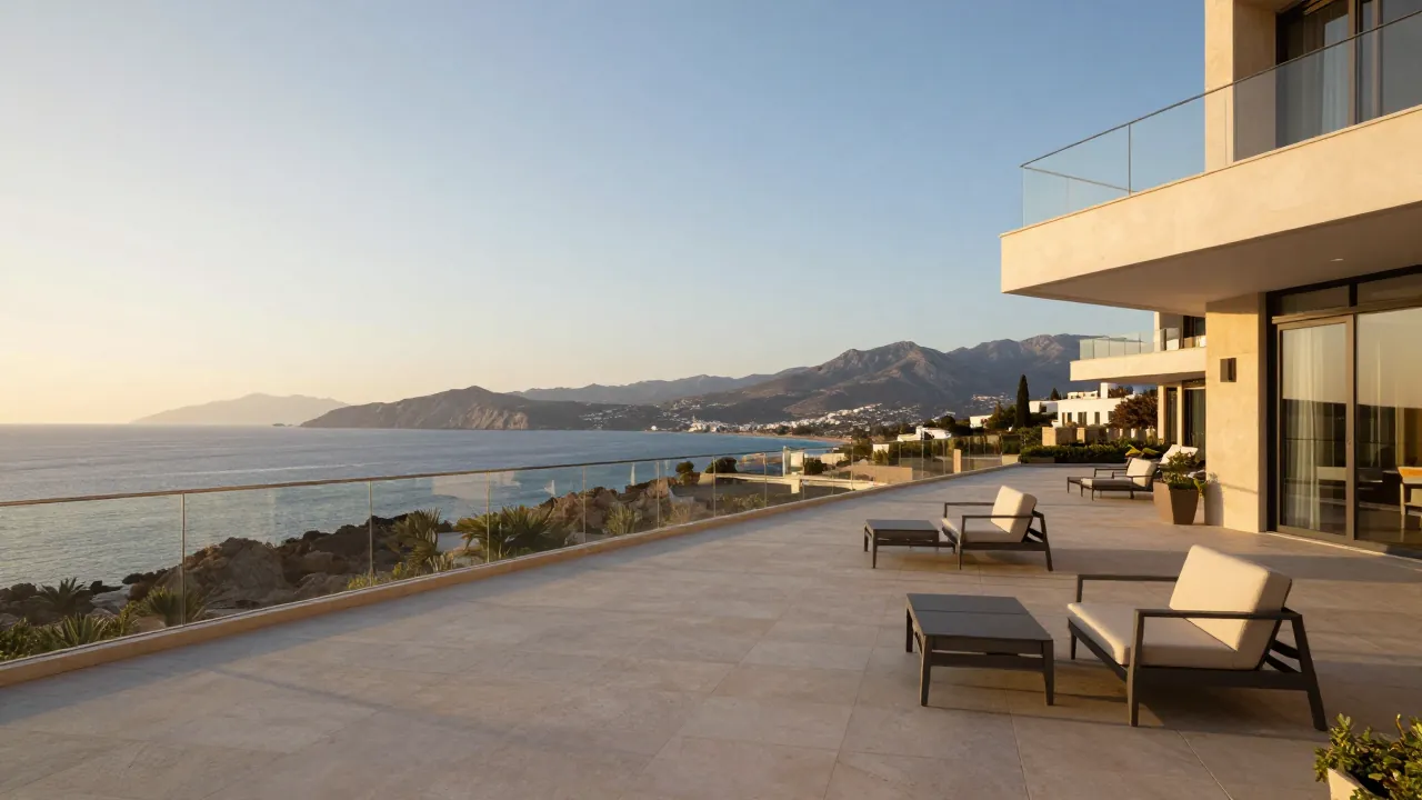 A luxurious hotel terrace overlooking the sea and mountains in Crete at sunset.