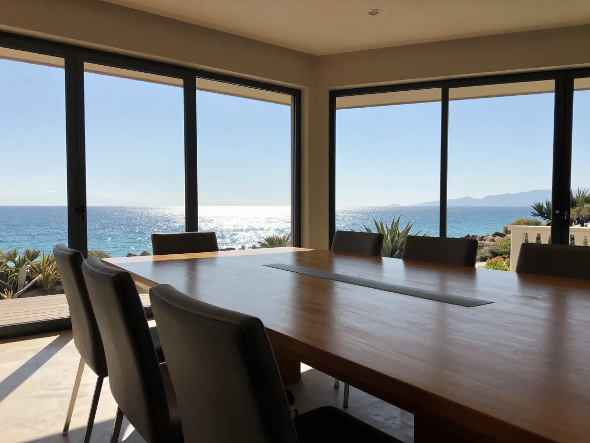 Sunlit conference room with sea view through large windows, empty chairs arranged in rows.