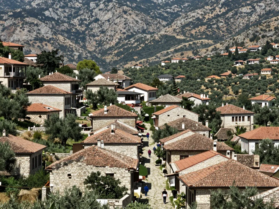 Traditional Cretan village with stone houses and olive groves, distant mountains under bright sunlight.