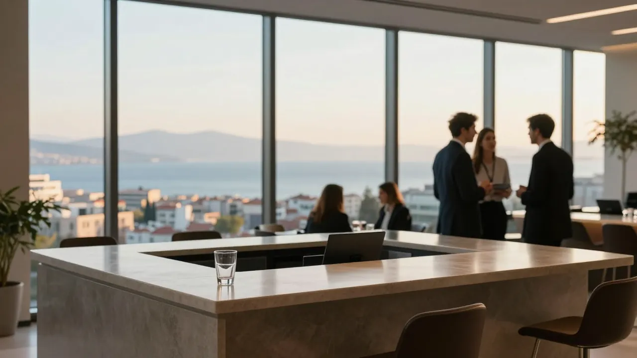 Modern conference foyer with sea view in Thessaloniki, empty desk and blurred attendees.