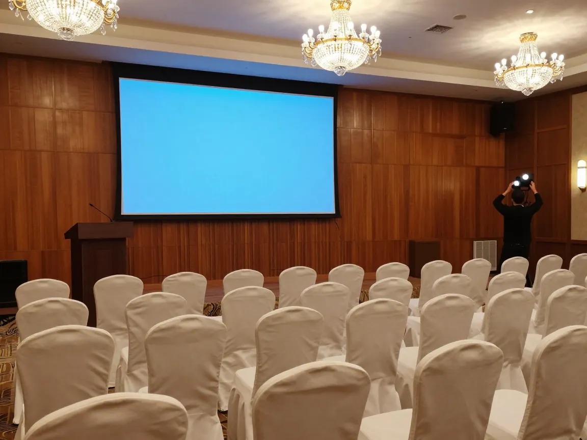 Grand hotel ballroom set for a conference with rows of chairs, podium, and blank screen.