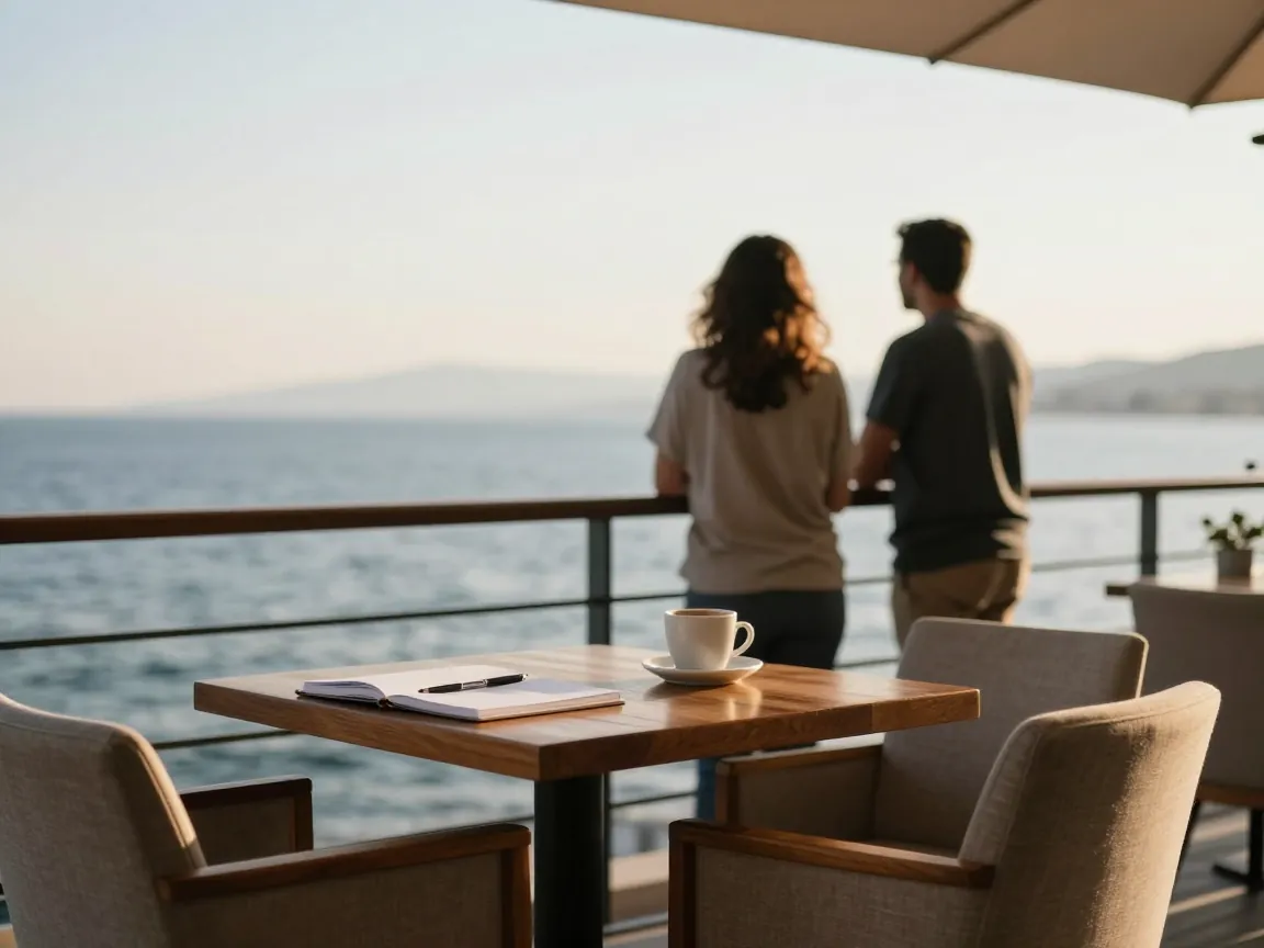 Hotel terrace with sea view in Thessaloniki, table with notebook and coffee, couple at railing.