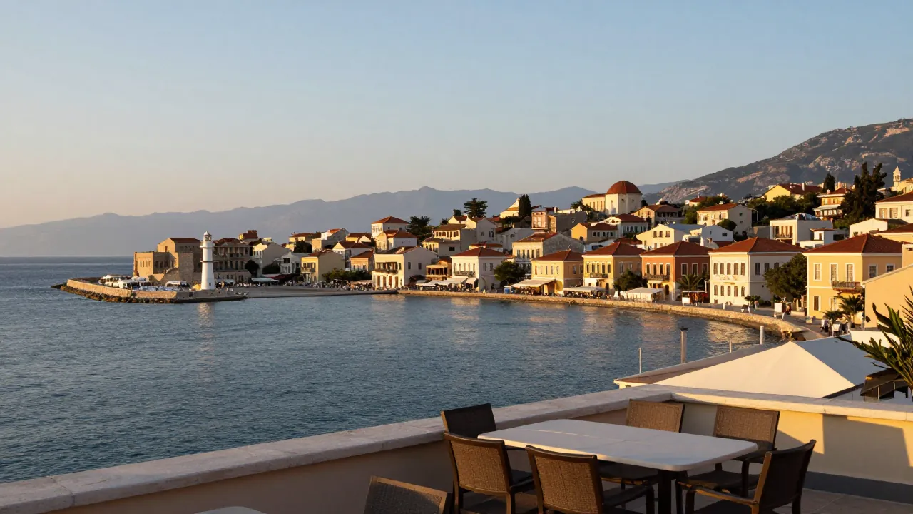 Rooftop terrace with empty chairs overlooking a Cretan harbour at sunset, no people.