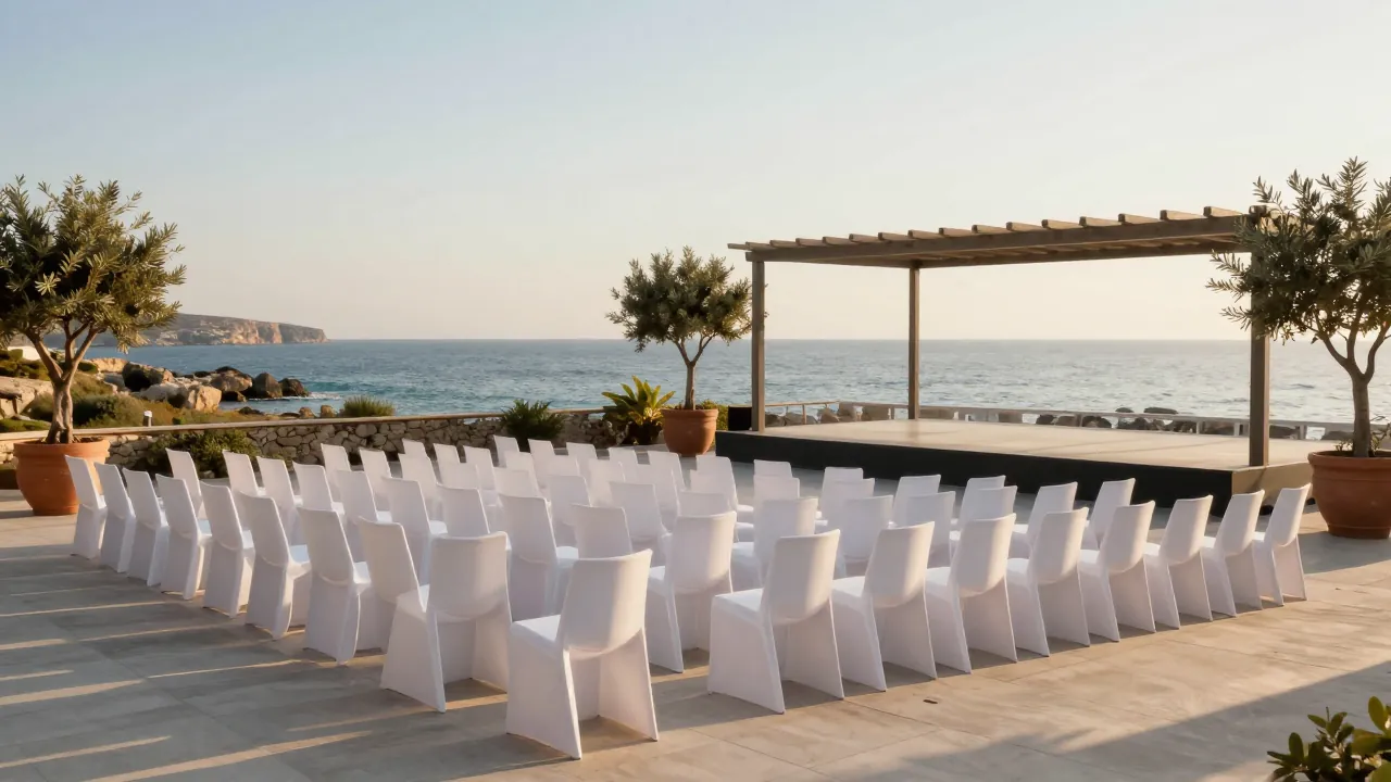 Empty seaside conference terrace with white chairs and a low stage at golden hour in Rhodes.
