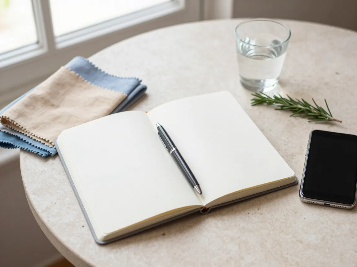 Notebook with blank pages, pen and fabric swatches on a stone table in Mediterranean daylight.