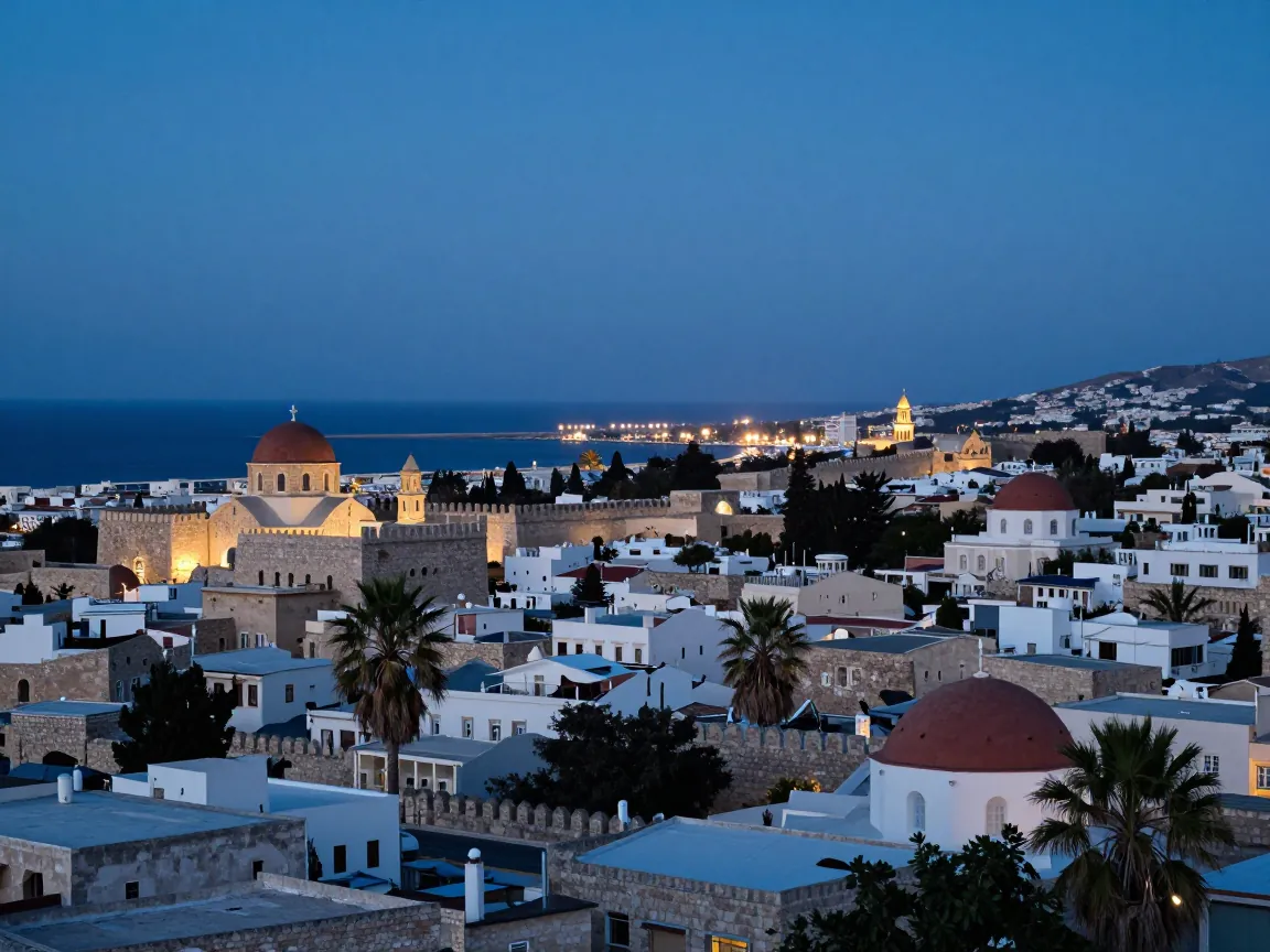 Rhodes old town rooftops and walls at dusk with palm trees and distant harbour lights.