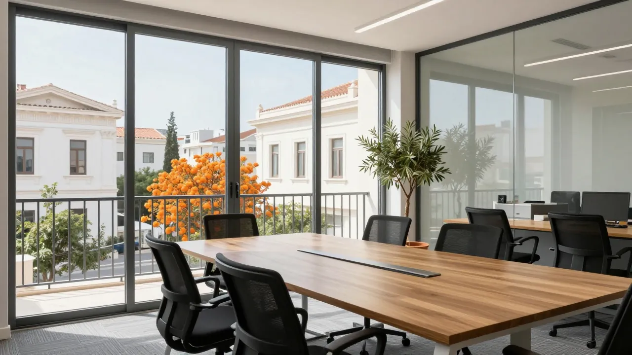 Empty modern meeting room in Athens with large windows, oak table and glass wall.