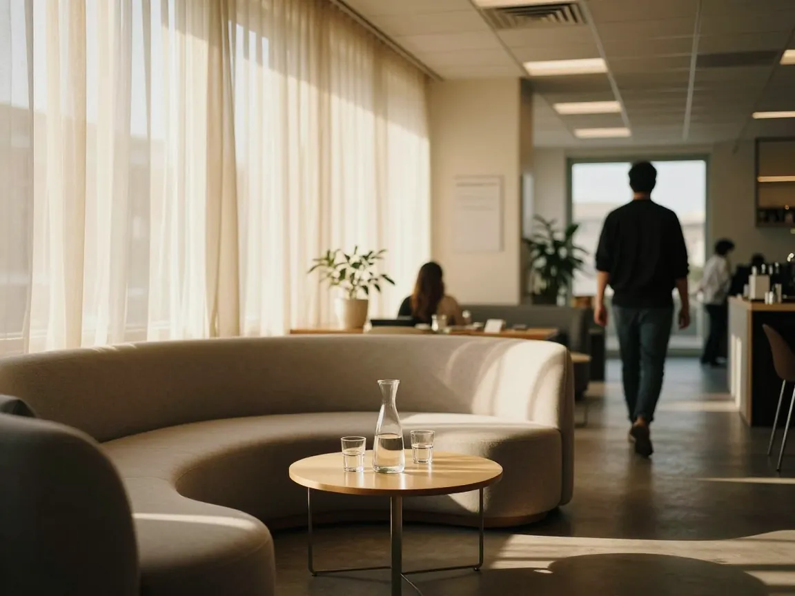 Ηλιόλουστος χώρος coworking με καναπέ και κανάτα νερό, θολή φιγούρα να απομακρύνεται.