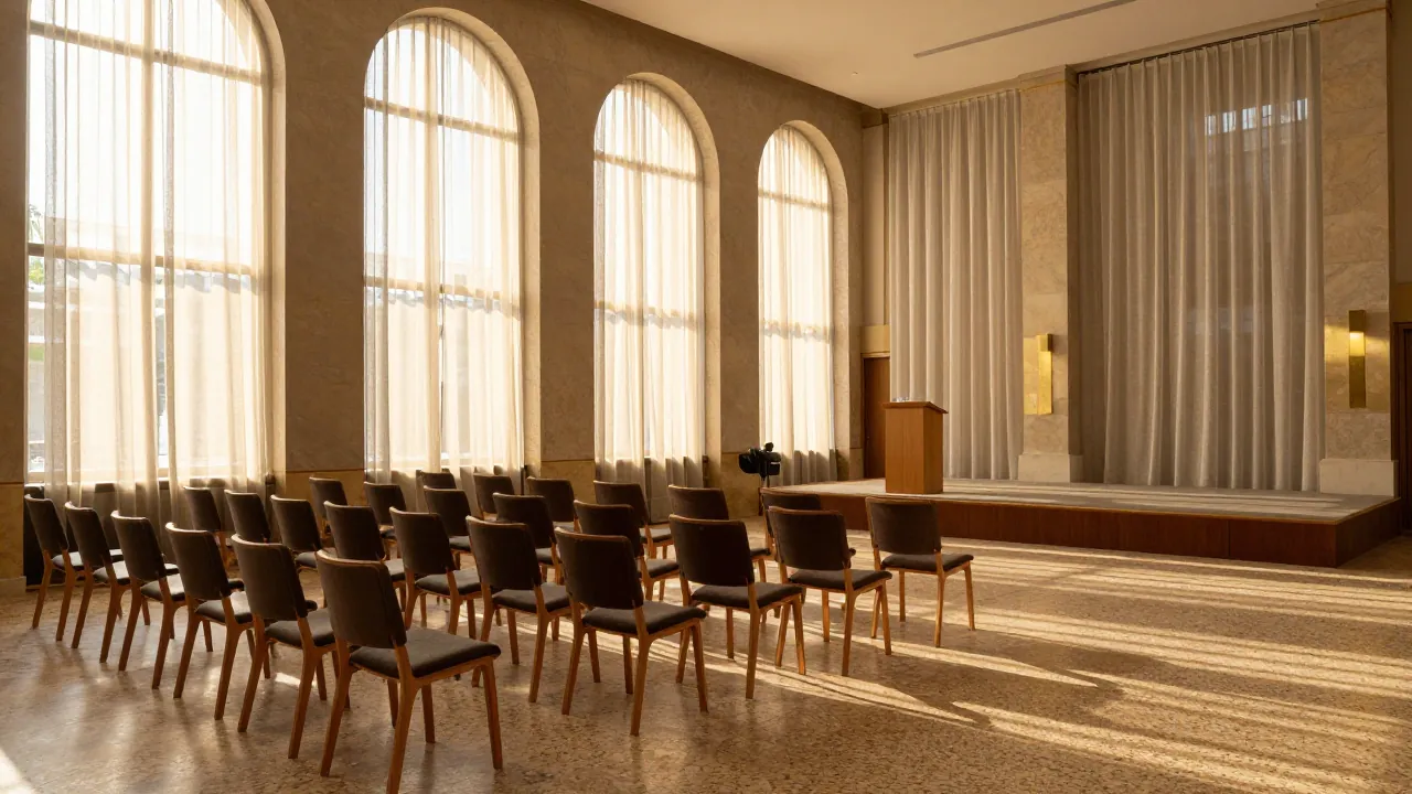 Empty modern Athens conference hall with wooden chairs, tall arched windows and a small stage in golden evening light.