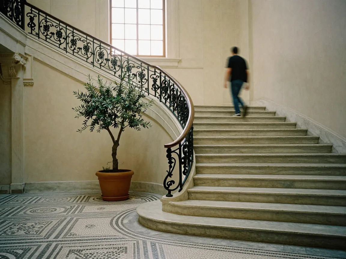 Marble staircase with wrought-iron railing and mosaic floor inside a neoclassical Athens cultural building, a distant figure climbing.