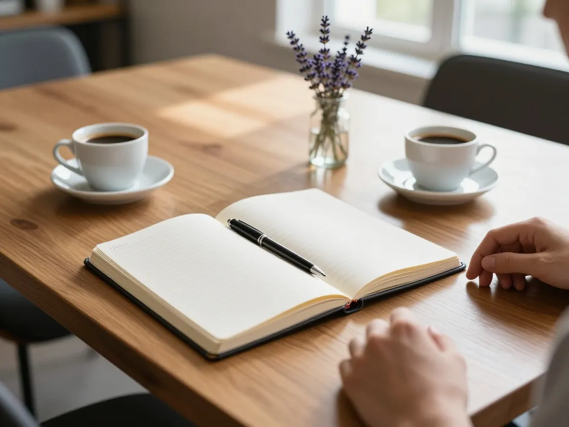 Overhead view of a wooden meeting table with blank notebook, pen, Greek coffees and lavender in afternoon sunlight.