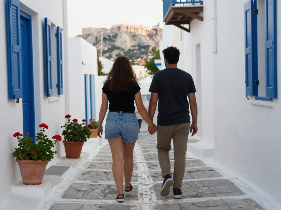 Δύο άτομα από πίσω περπατούν χέρι-χέρι σε ασπρισμένο σοκάκι της Πλάκας με μπλε παντζούρια και γεράνια.