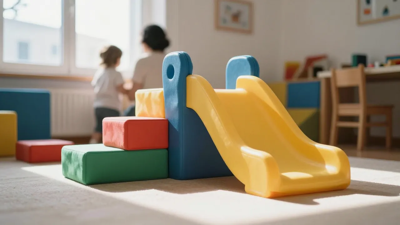 Indoor play area with colorful foam blocks and a slide, natural light, adult and child from behind.