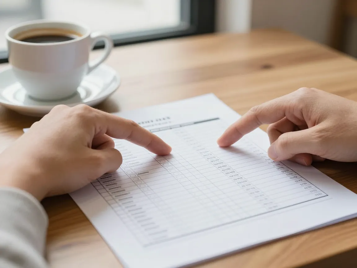 Hand pointing at a printed comparison list with checkboxes on a wooden table, Greek coffee nearby.