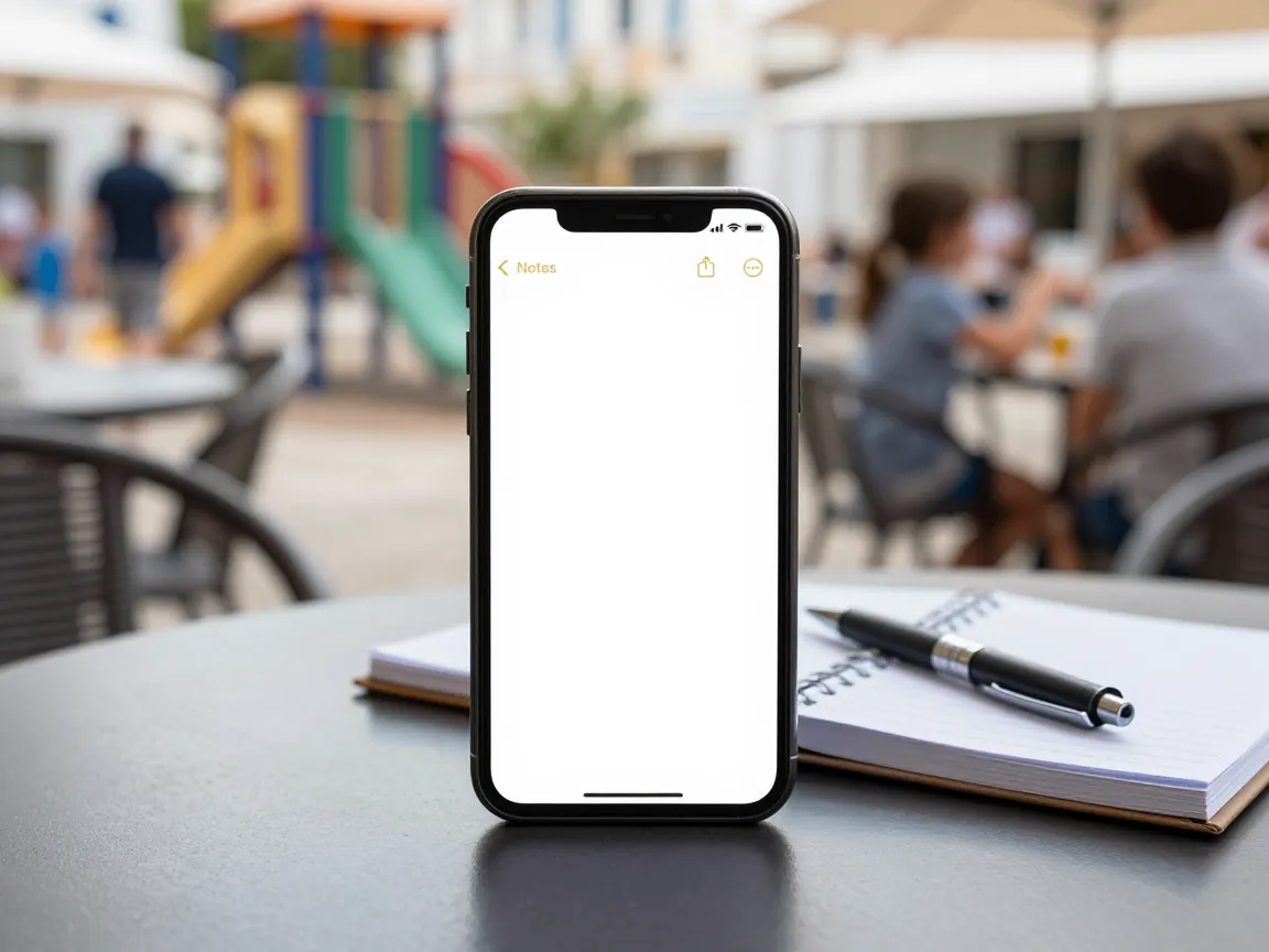 Smartphone with blank notes app on café table, pen and notebook, blurred playground with parents and children from behind.