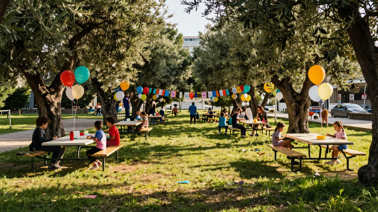 Ηλιόλουστο υπαίθριο παιδικό πάρτι με τραπέζια και μπαλόνια κάτω από ελιές σε ελληνικό πάρκο