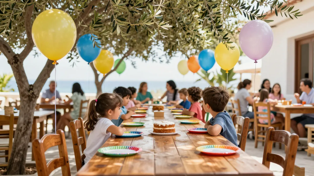 Ηλιόλουστη αυλή ταβέρνας στολισμένη για παιδικό πάρτι με μπαλόνια, τούρτα και καλεσμένους από πίσω.