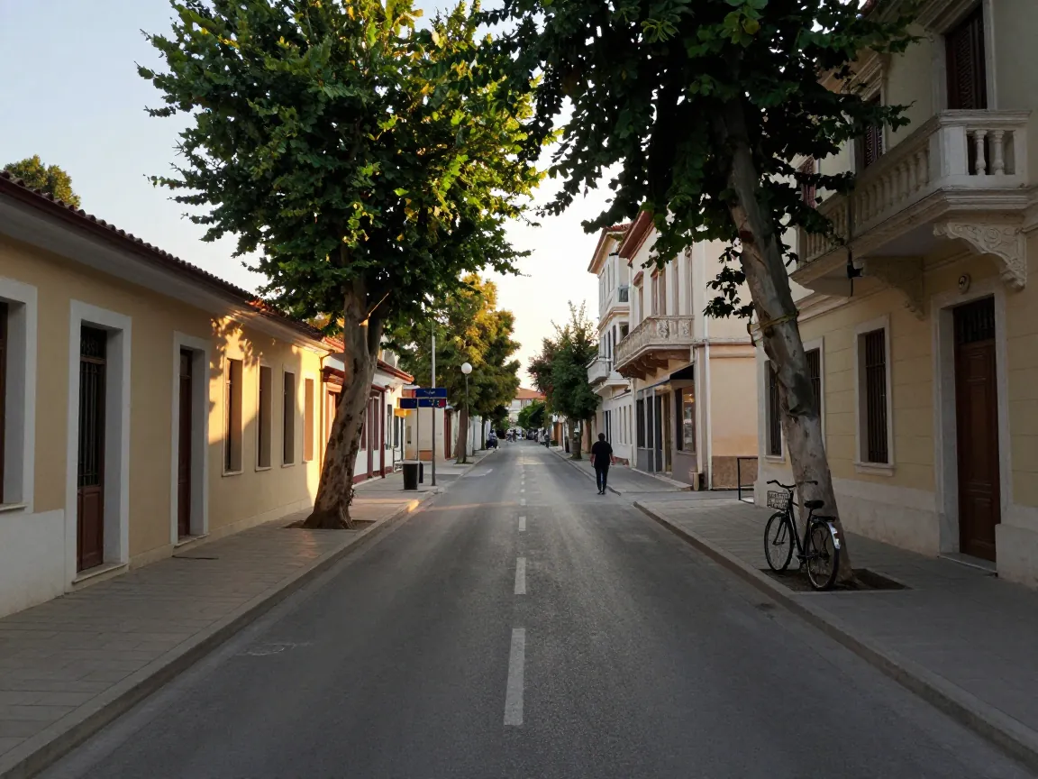 Ήσυχος δρόμος ελληνικής πόλης με νεοκλασικά κτίρια και πλατάνια στο ηλιοβασίλεμα