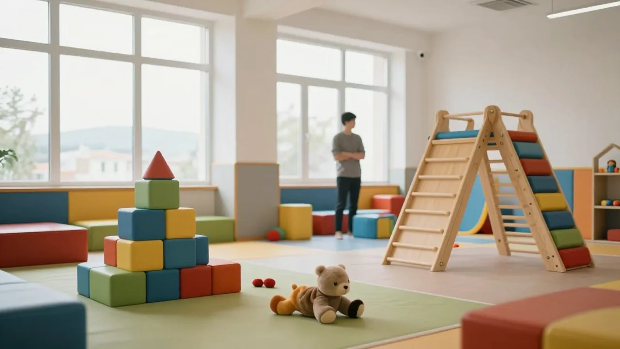 Bright indoor play area with colorful soft blocks and a wooden climbing frame, a distant parent watching.