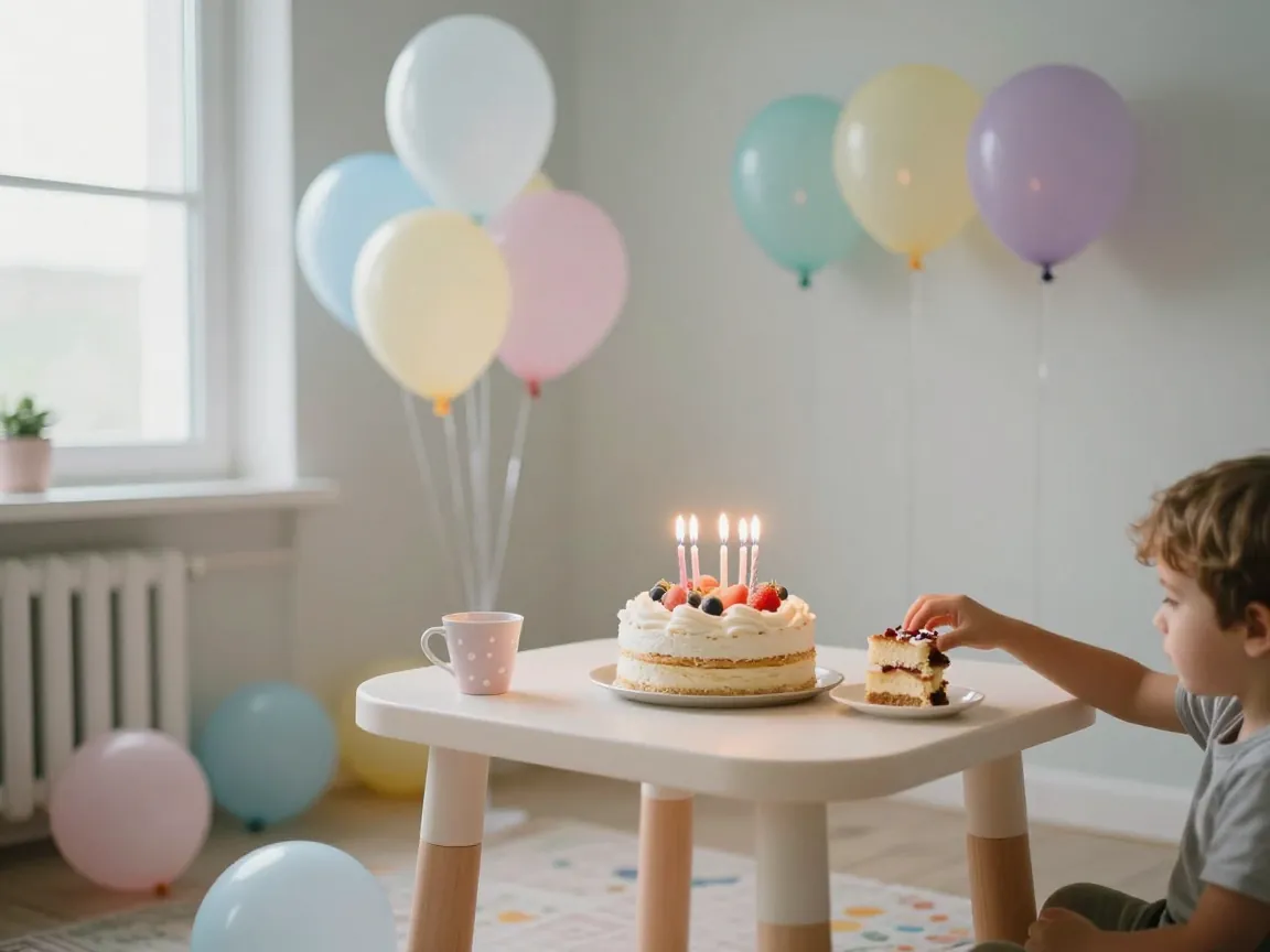 Children's party room with pastel balloons and a cake, a small hand reaching for a slice.