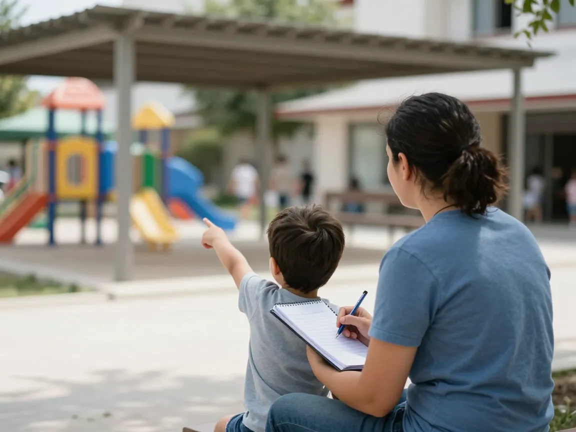 Parent and child from behind on a bench outside a play center, parent holding a notebook.