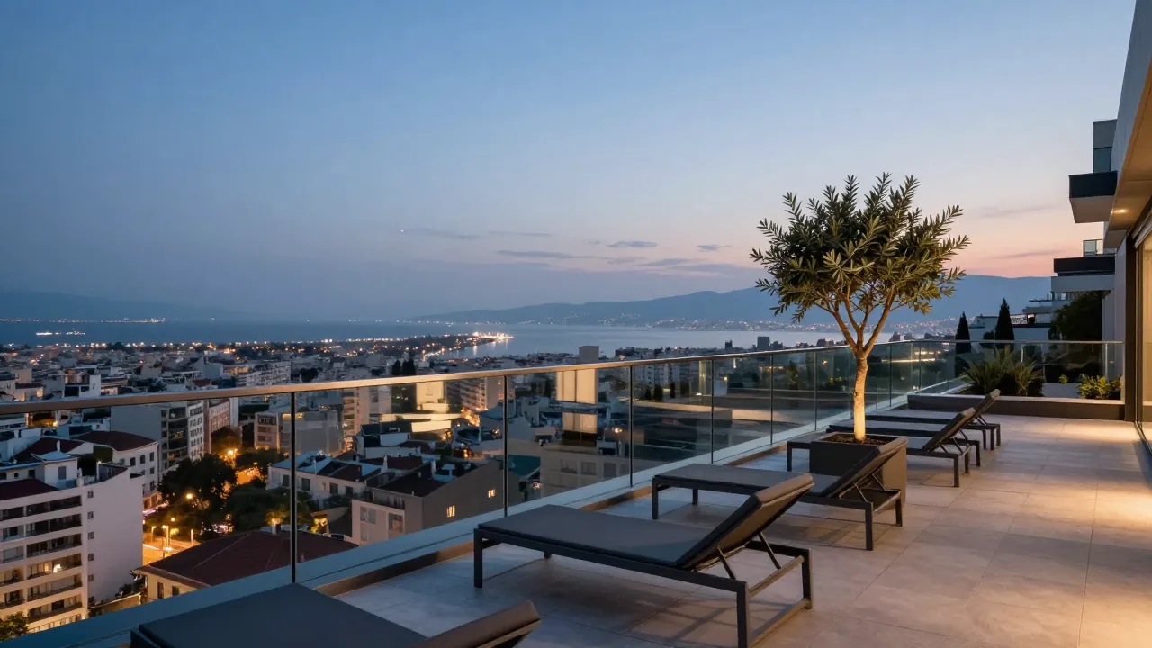 Rooftop terrace of a modern Thessaloniki hotel at twilight, with glass railing and city lights in the background.